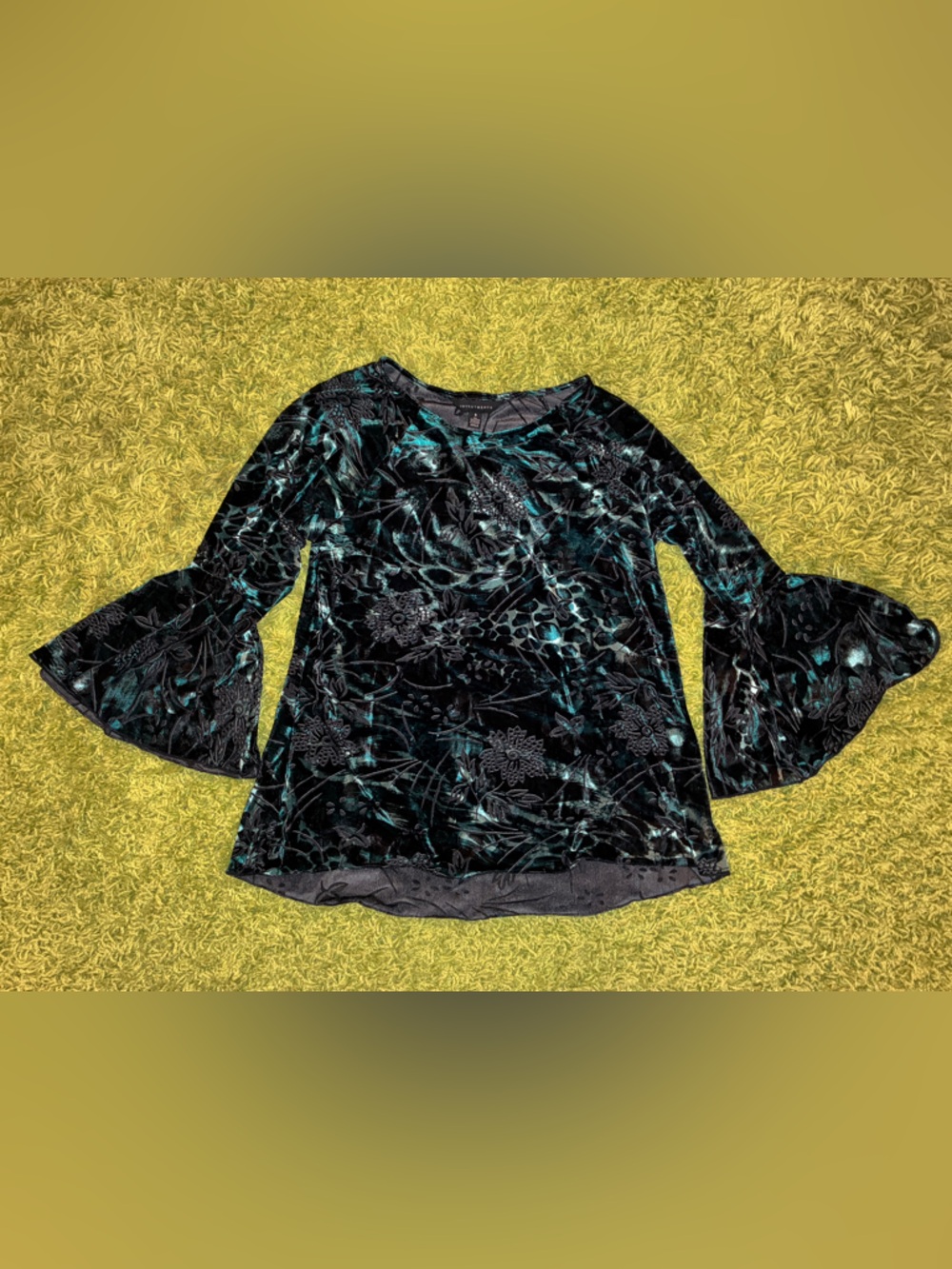 Teal and Black Floral Velvet Lace Bell Sleeve Top